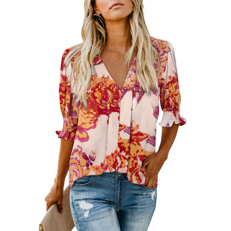 Women's Color Half Sleeve Collar Shirt Pleated Blouses