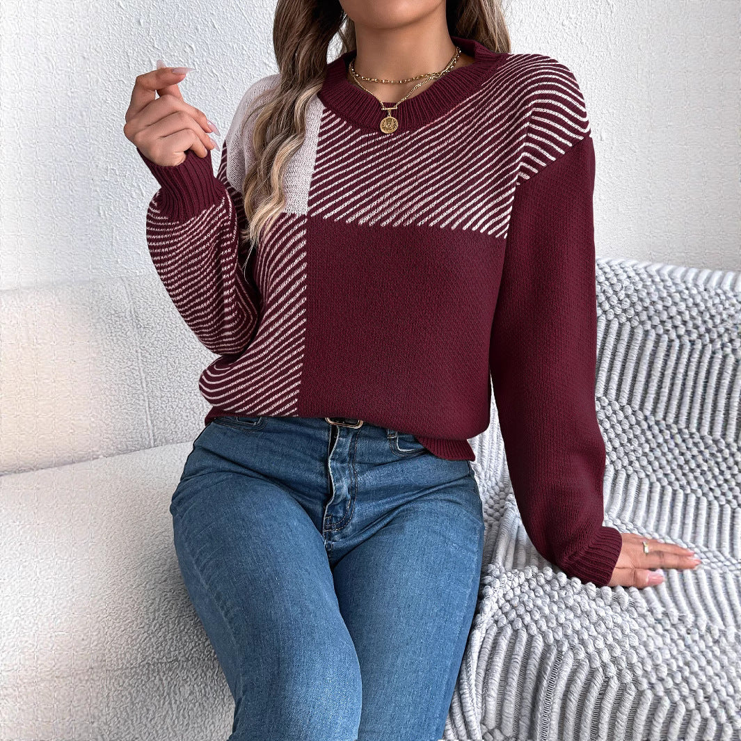 Women's Casual Contrast Color Plaid Long Sleeve Sweater