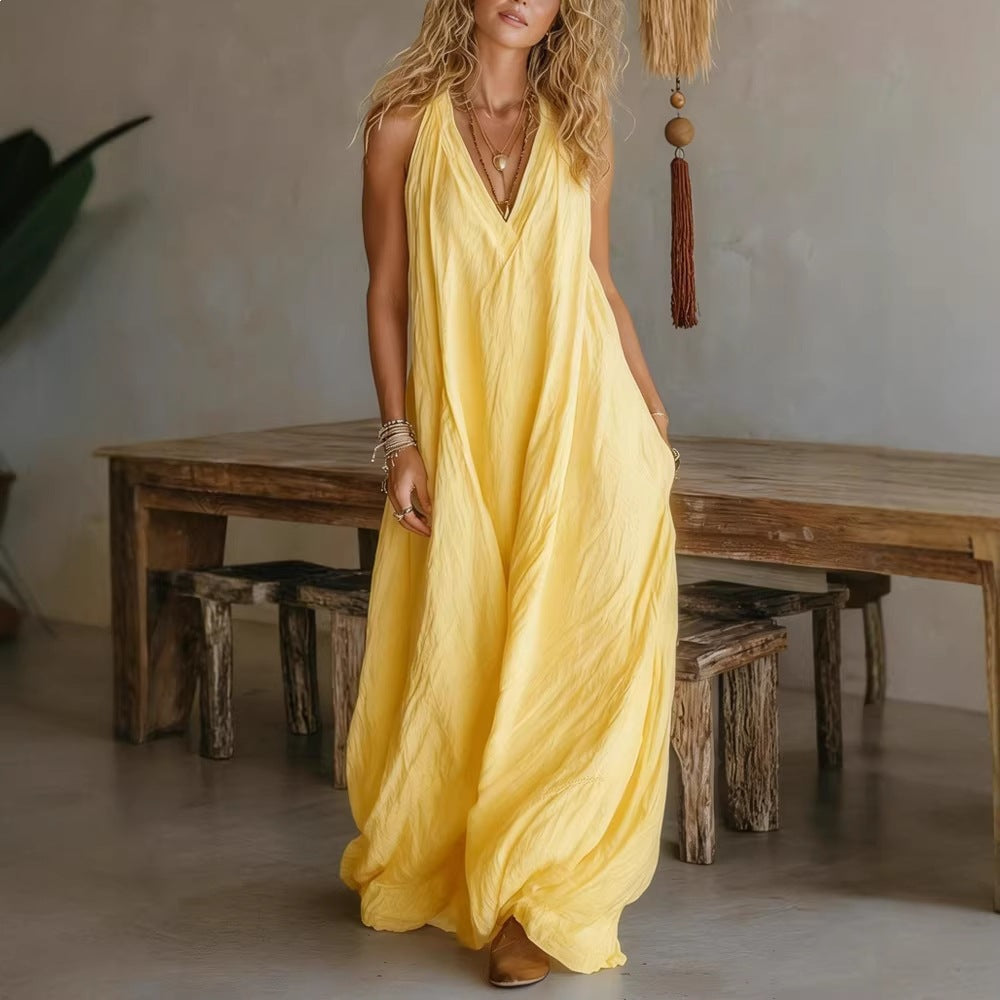 Women's Casual Sleeveless Loose Pockets Full-length Dress