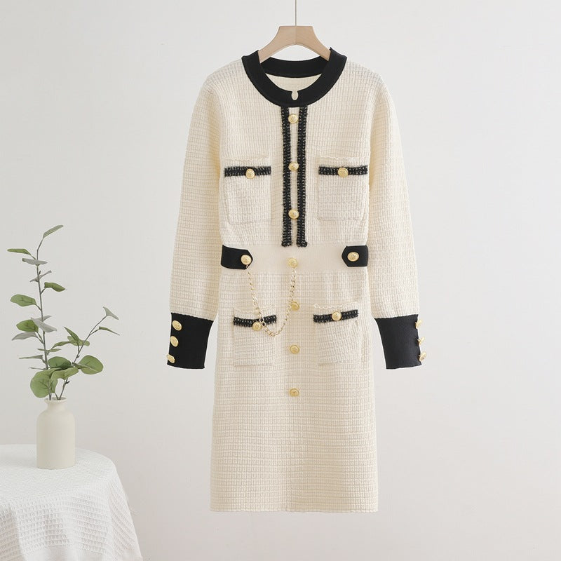 Contrast Color Long Sleeves Round Neck Waist Trimming Dresses