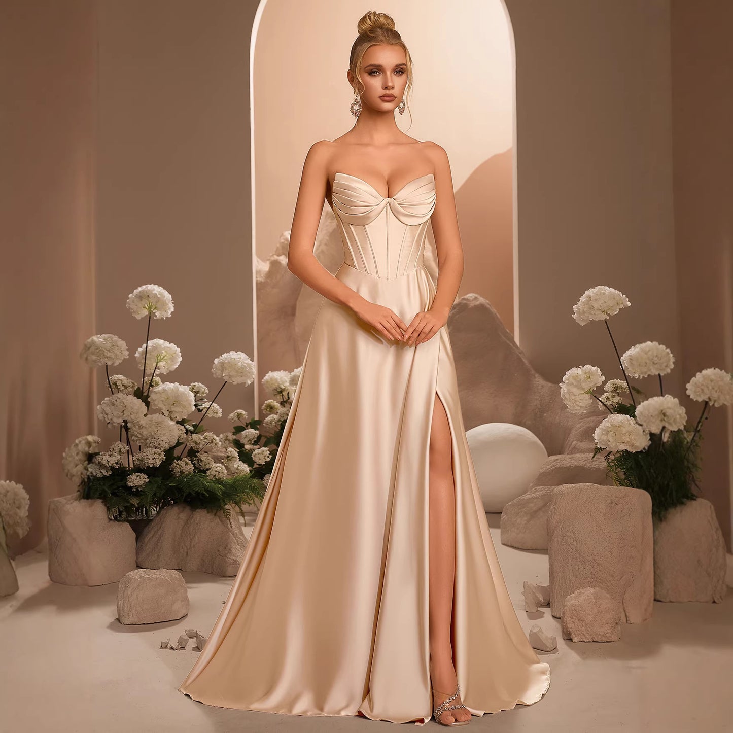 Satin Tube Tight Waist Fishbone Slim Fit Slit Long High-grade Dress