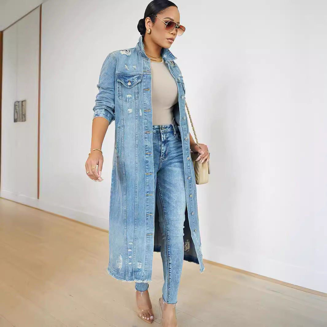 Women's Ripped Denim Real Pocket Long For Jackets