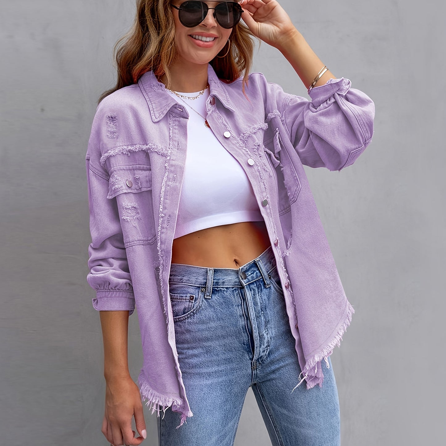 Women's American Solid Color Mid-length Ripped Long Jackets
