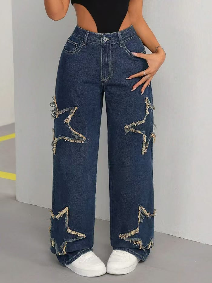 Women's Patch Pentagram Tassel Loose Burrs Straight Jeans