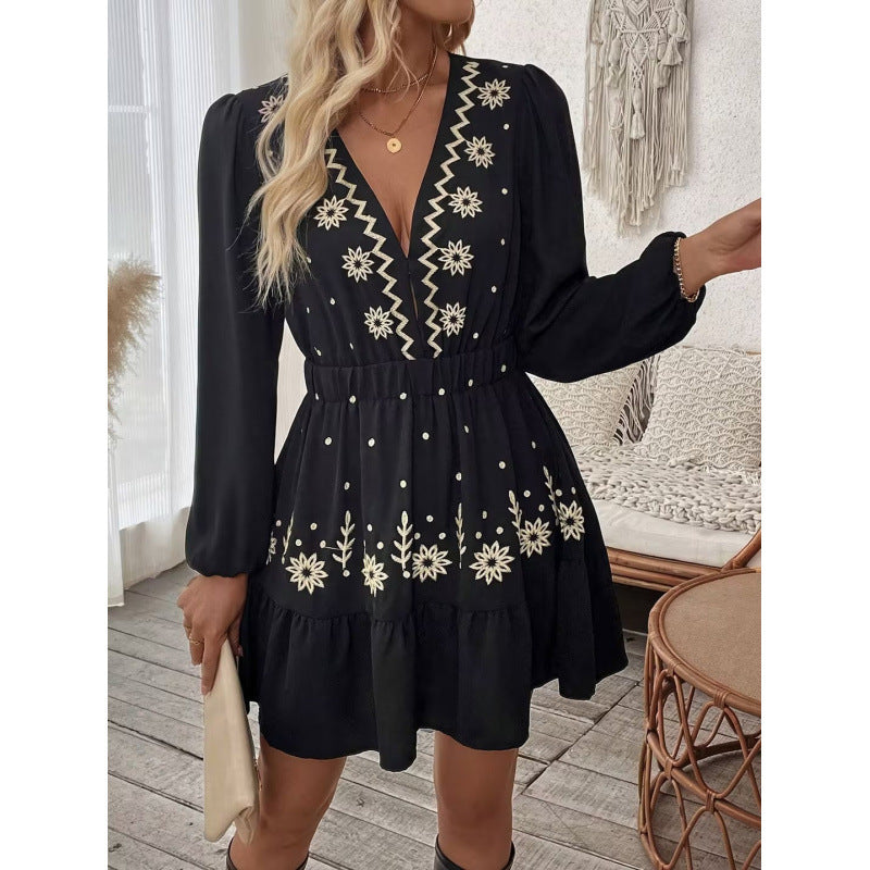Women's Embroidered Deep Collar Long Sleeve Dress
