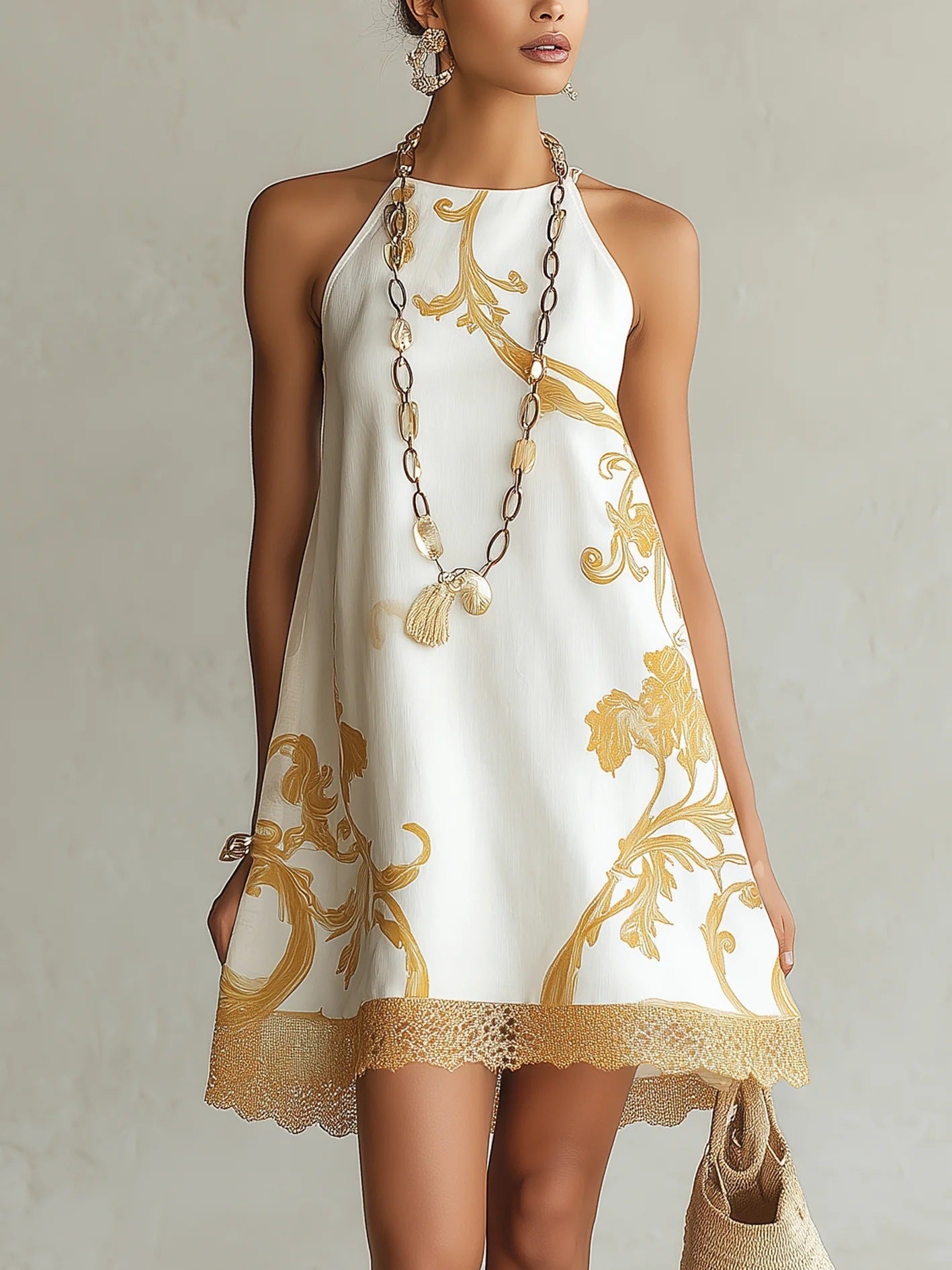 Light Luxury Golden Vine Printed Halter Sleeveless Lace Stitching Dress