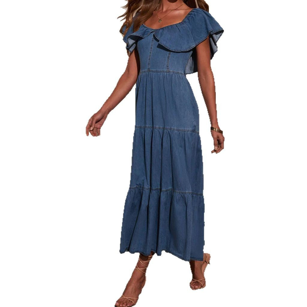 Women's Stylish Loose Round Neck Ruffled Denim Dresses