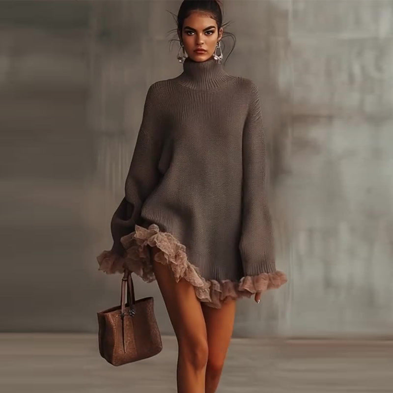 Autumn Knitted Turtleneck Ruffled Stitching Gray Sweaters