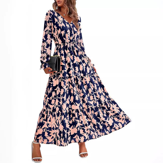 Women's Collar Elastic Waist Printed Casual Long Dresses