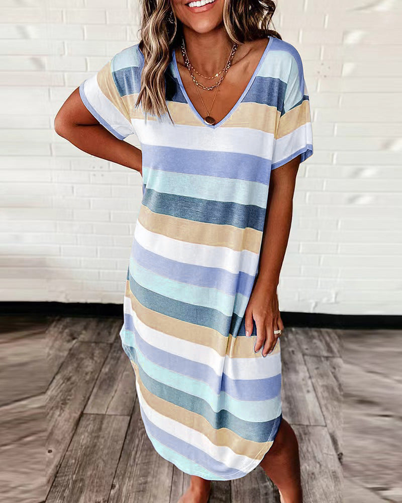 Women's Summer Loose Striped Printed Sleeve Long Dress