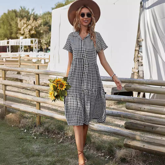 Women's Summer Plaid Dress Shirt Collar Casual Dresses