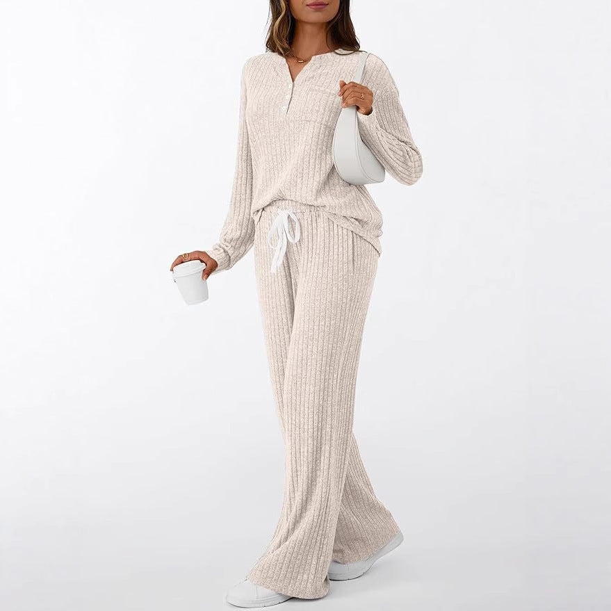 Women's Sunken Stripe Brushed Outerwear Home Pajamas Fashion Casual Suit