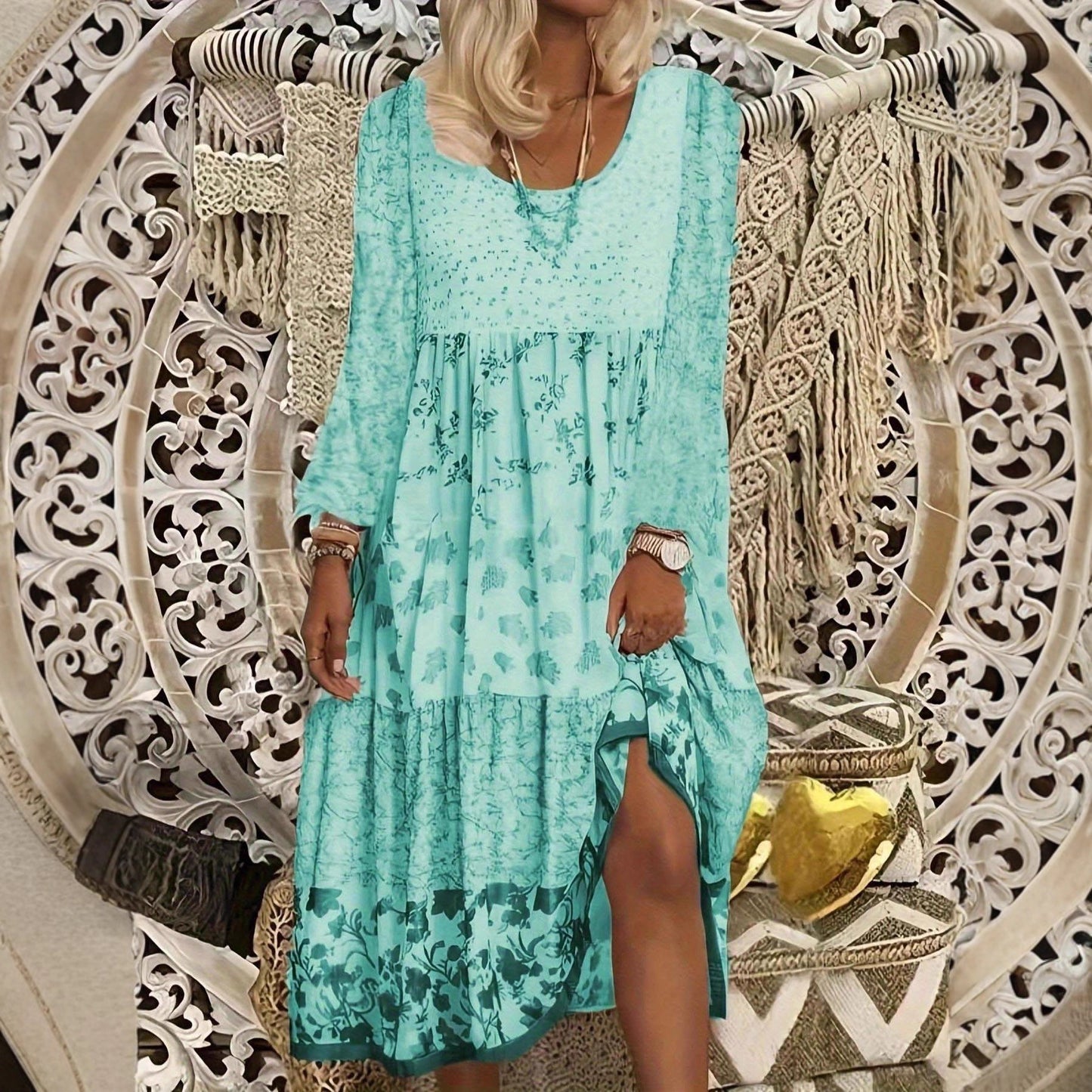 Casual Women's Long-sleeved Printed Round Neck Dress