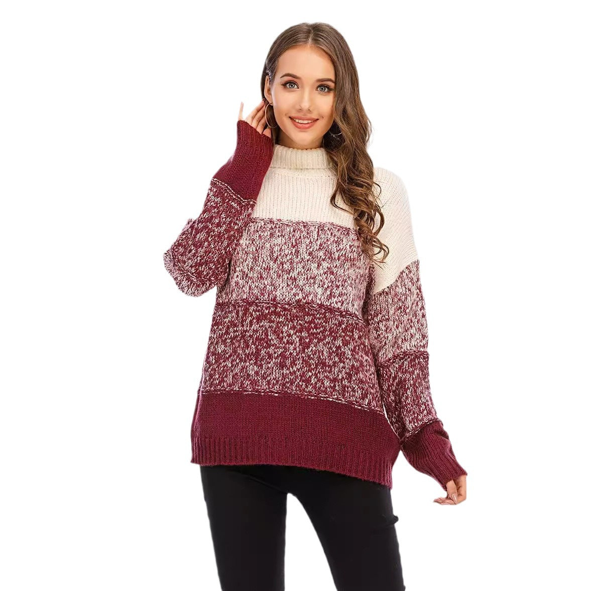 Versatile Women's Spring Splicing Loose Turtleneck Sweater