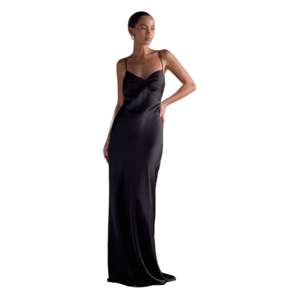Color Satin Invisible Zipper Pleated Design Draping Sling Dress