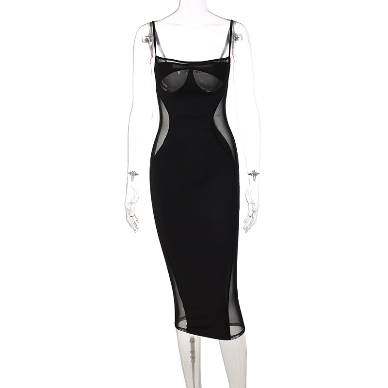 Women's Popular Mesh Stitching Solid Color Chest Dresses