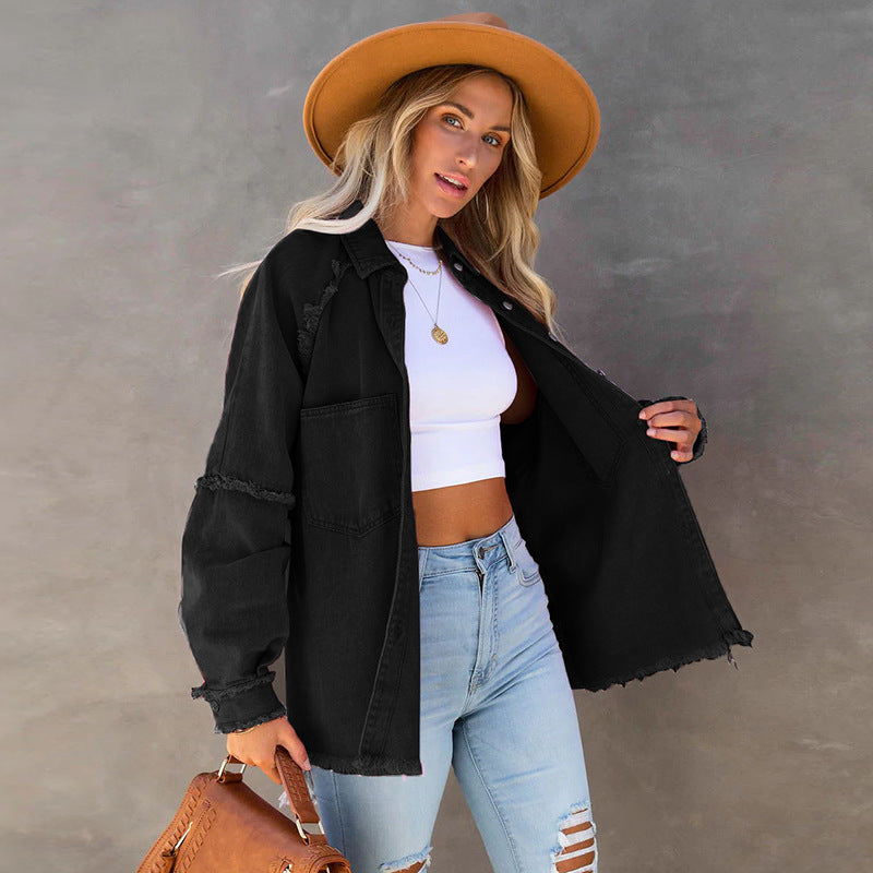Denim Female Washed Frayed Hem Mid-length Jackets