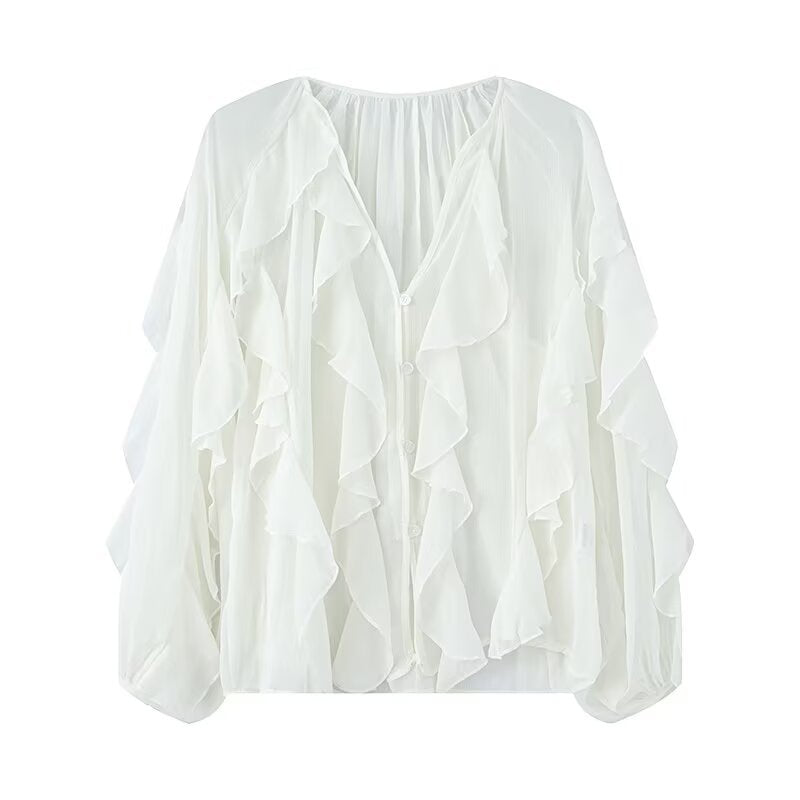 Women's Summer Fashion Laminated Ruffled Pleated Shirt Blouses
