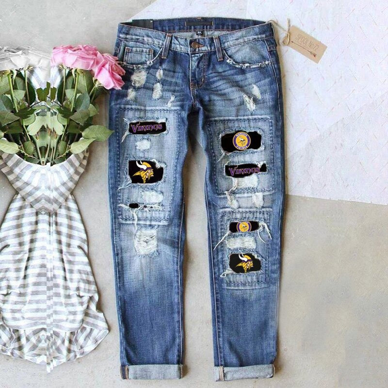 Women's Ripped Print Street Contrast Color Straight Jeans