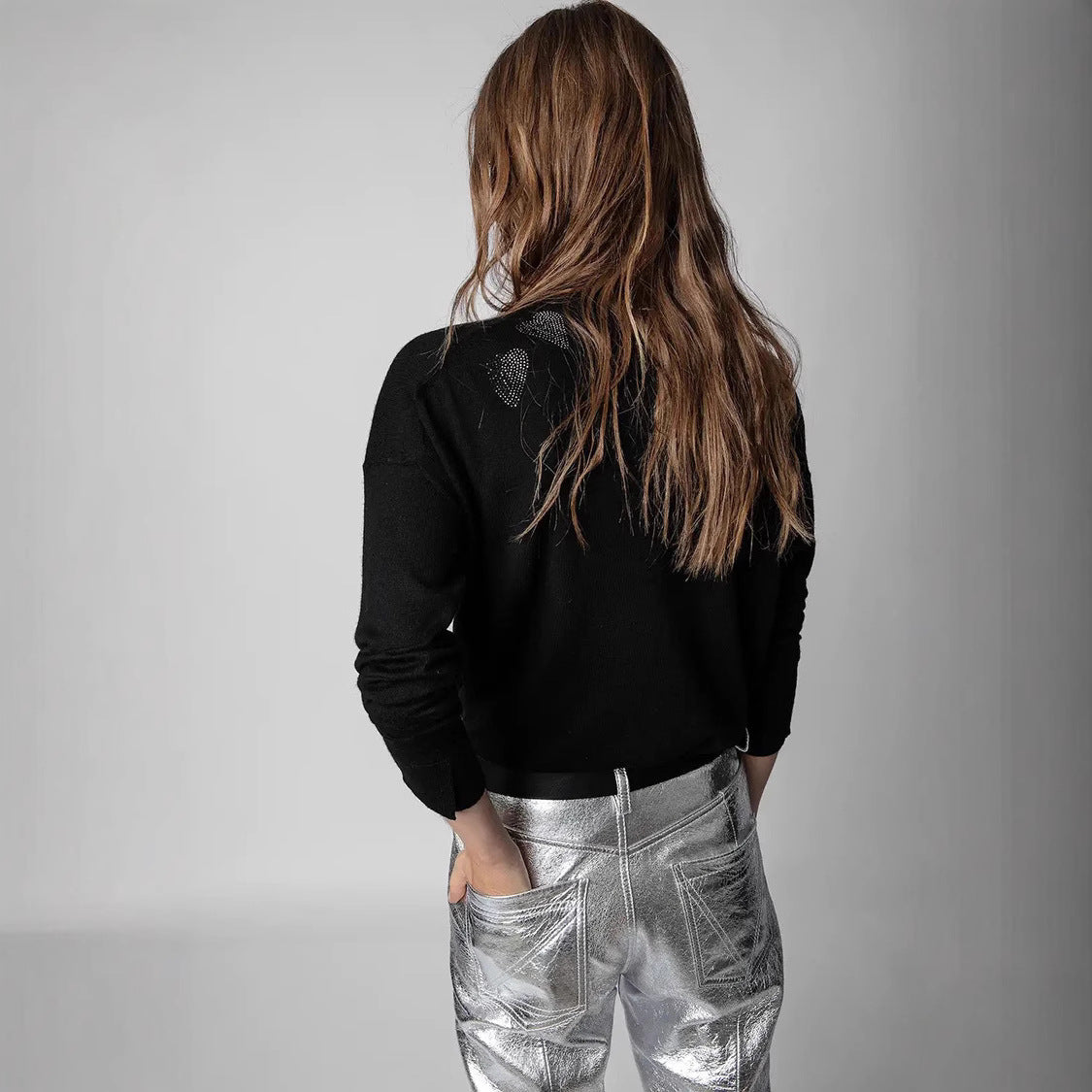 Women's French Niche Stars Heart Rhinestone Black Sweaters