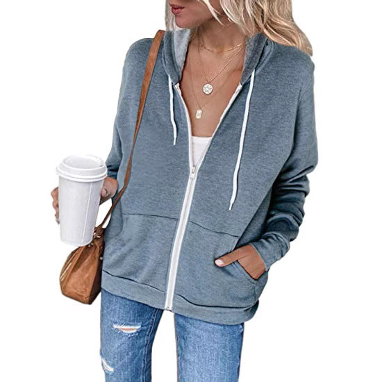 Women's Long-sleeved Hooded Drawstring Pocket Zipper Outerwear Sweaters