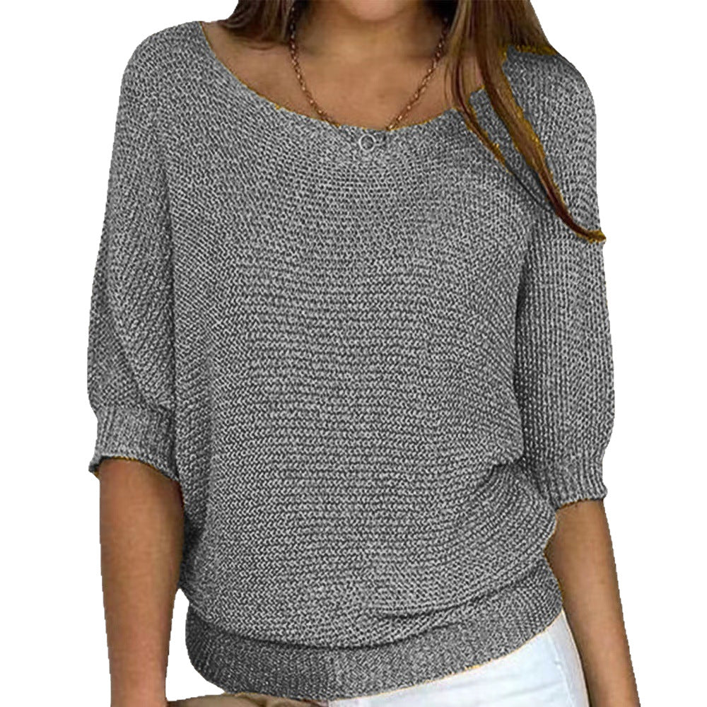 Women's Color Round Neck Commuter Elegant Cropped Sleeves For Air Conditioned Women's Sweater