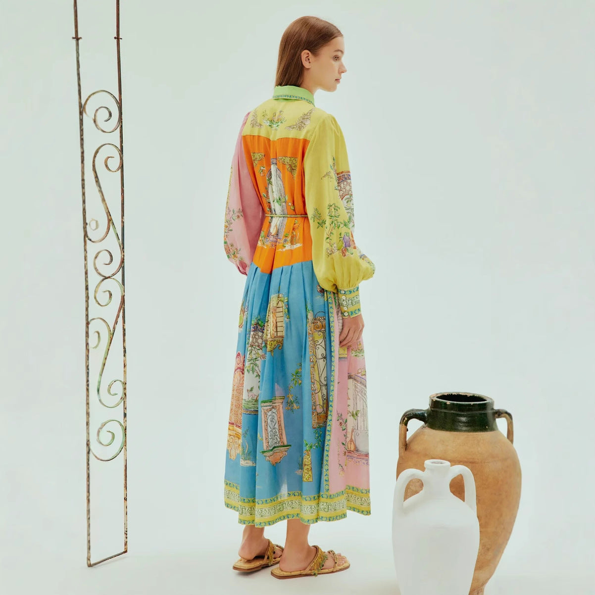 Single-breasted Long Lantern Sleeve Iti Printing Dress