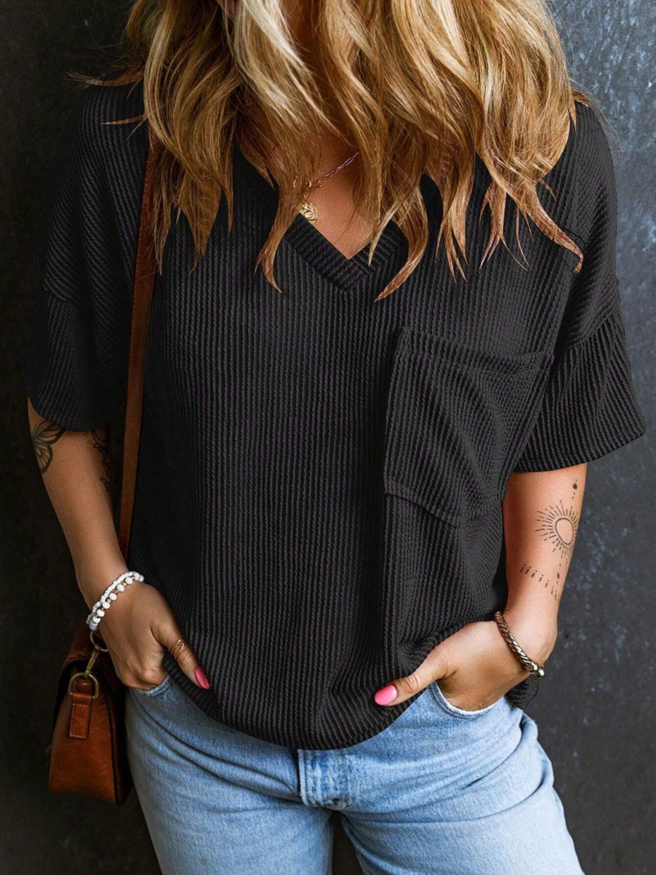 Women's Fashionable Two-color Twisted Pocket Short-sleeved For Blouses