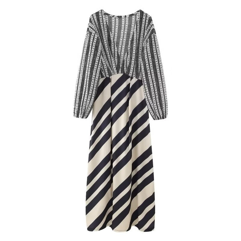 Women's Mid-length Long Sleeve Printed Stitching Dress Dresses