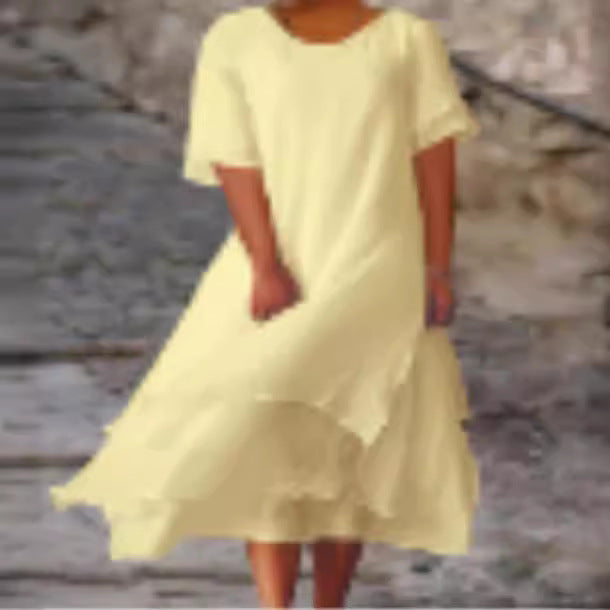 Summer Cotton Linen Color Matching Slit Sleeve Dress