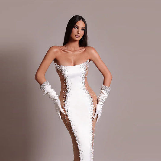 Women's Fashion Pearl Beaded Mesh Party Tube Bandage Light Dress