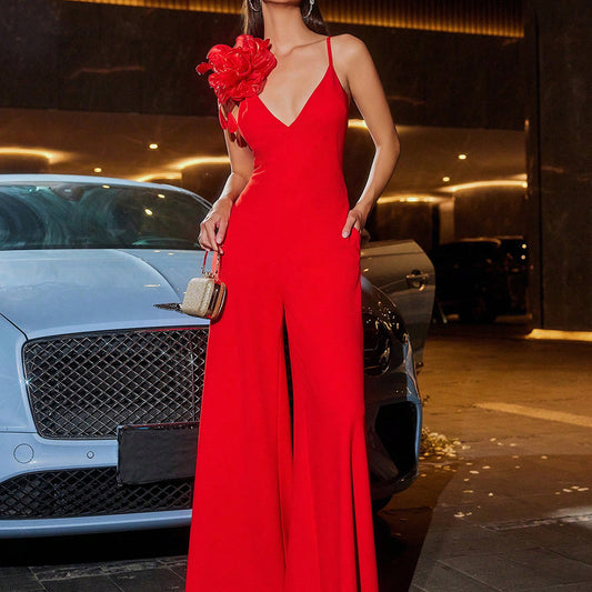 Women's Fashion Elegant Style Three-dimensional Flower Deep Jumpsuits