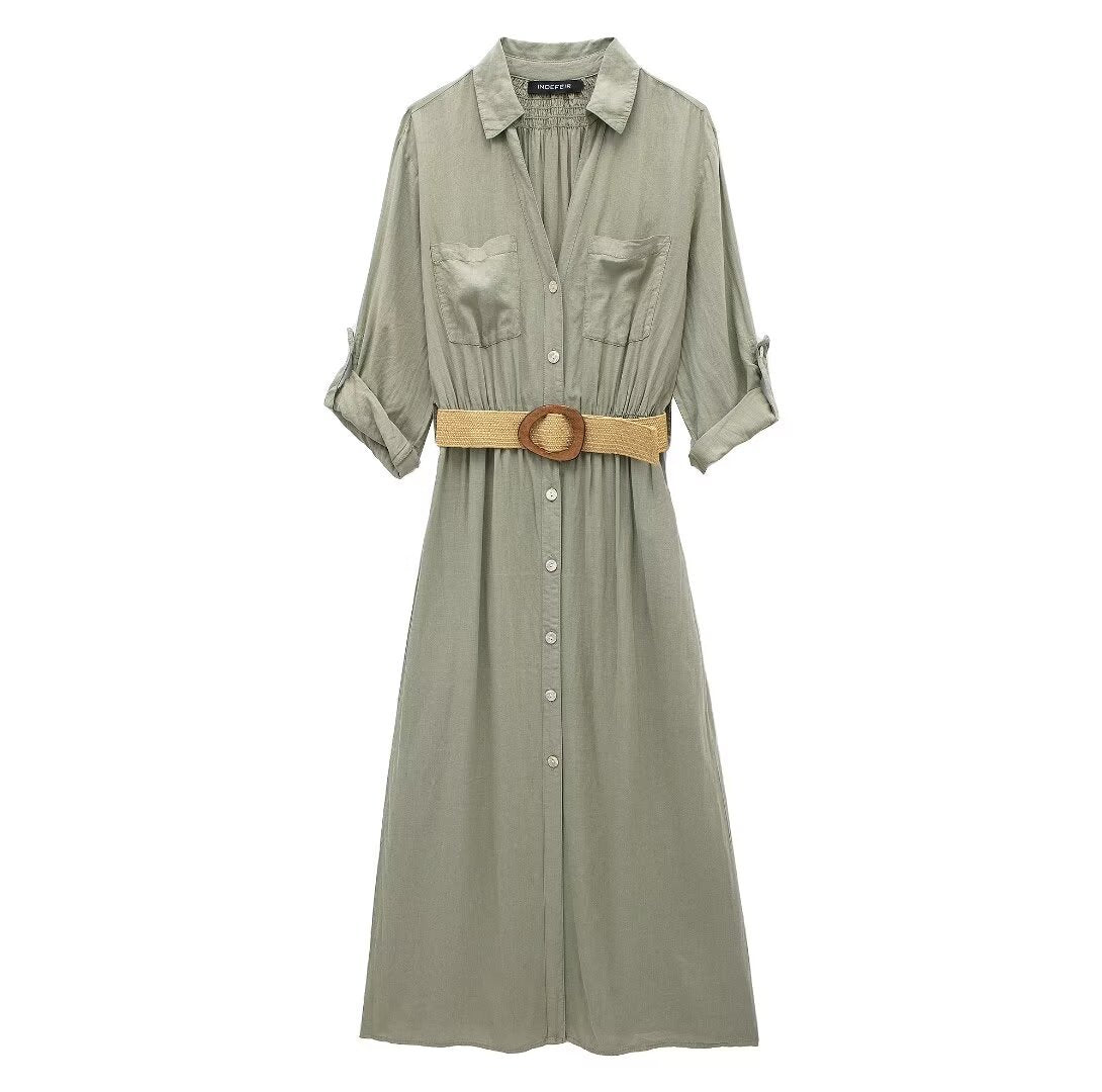 Women's Belt Linen Blend Shirt Dress Dresses