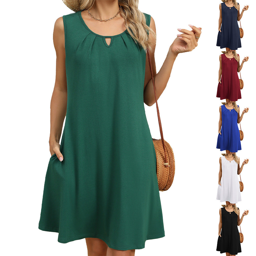 Solid Color Round Neck Hollow Pleated Sleeveless Dress