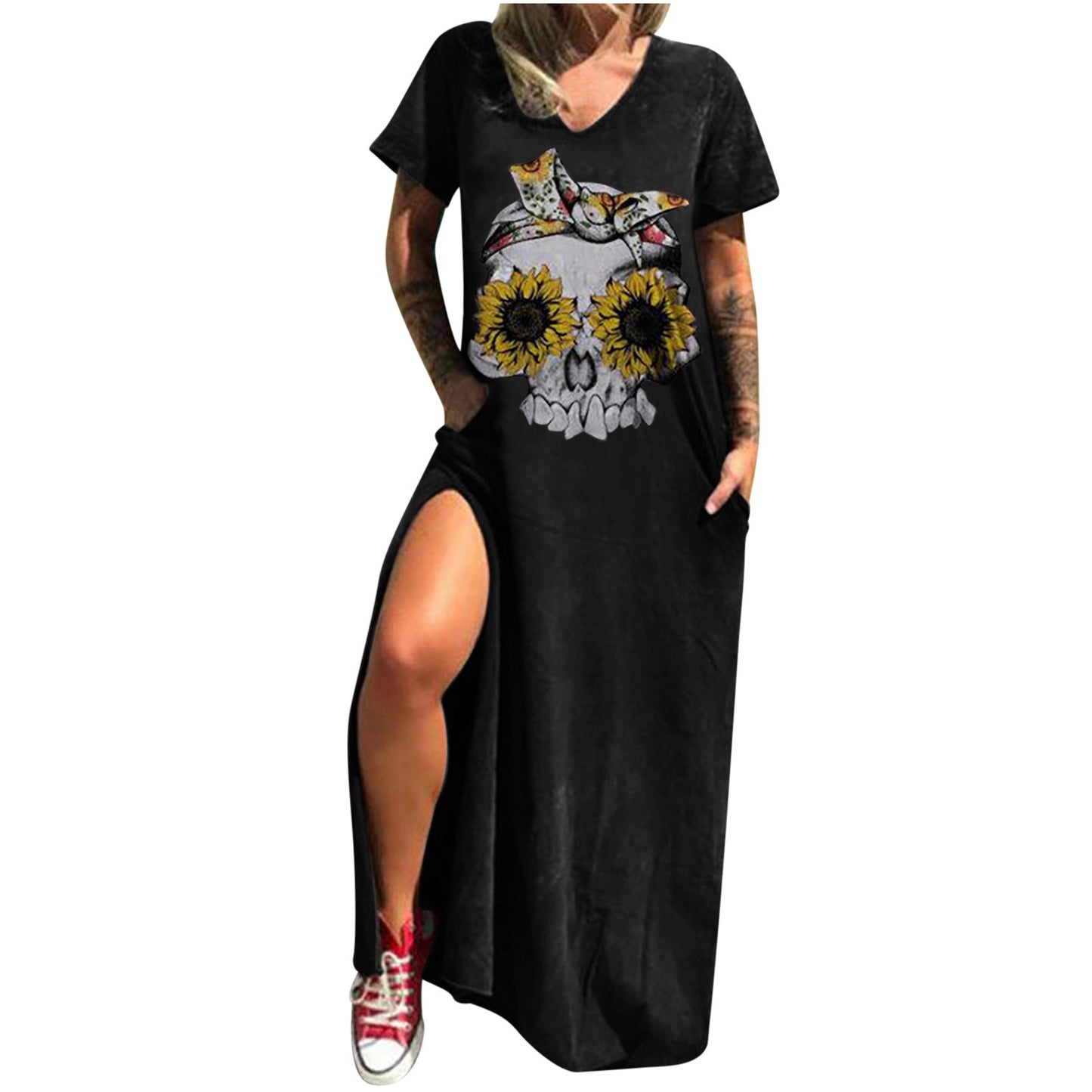 Skull Print Street Fashion Sleeve Slit Shorts