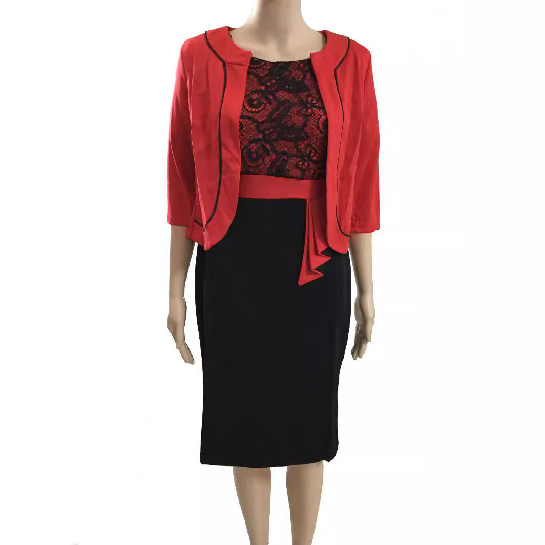 Women's Lace Stitching Dress Commuter Two-piece African Dresses