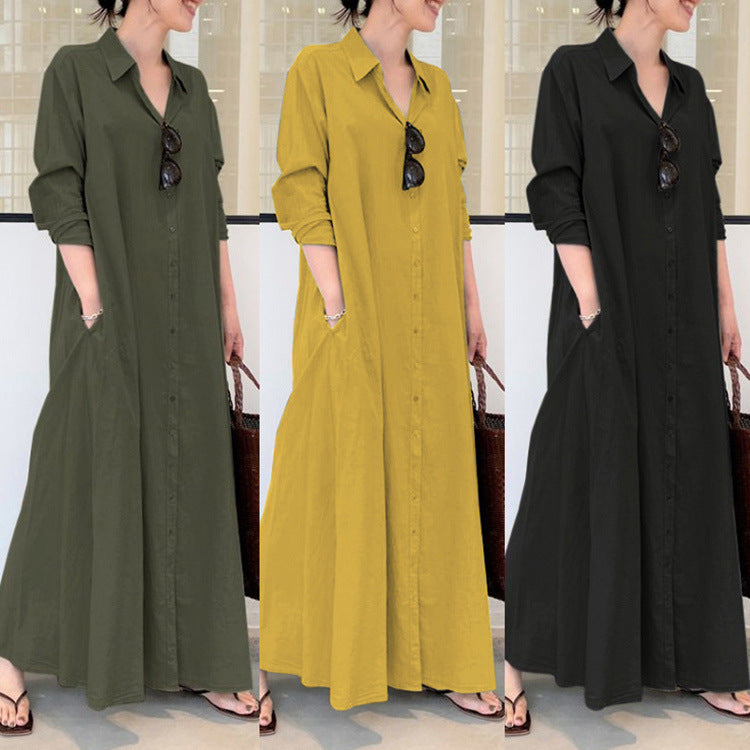 Solid Color Lapel Long Sleeve Pocket Simple Loose Dress