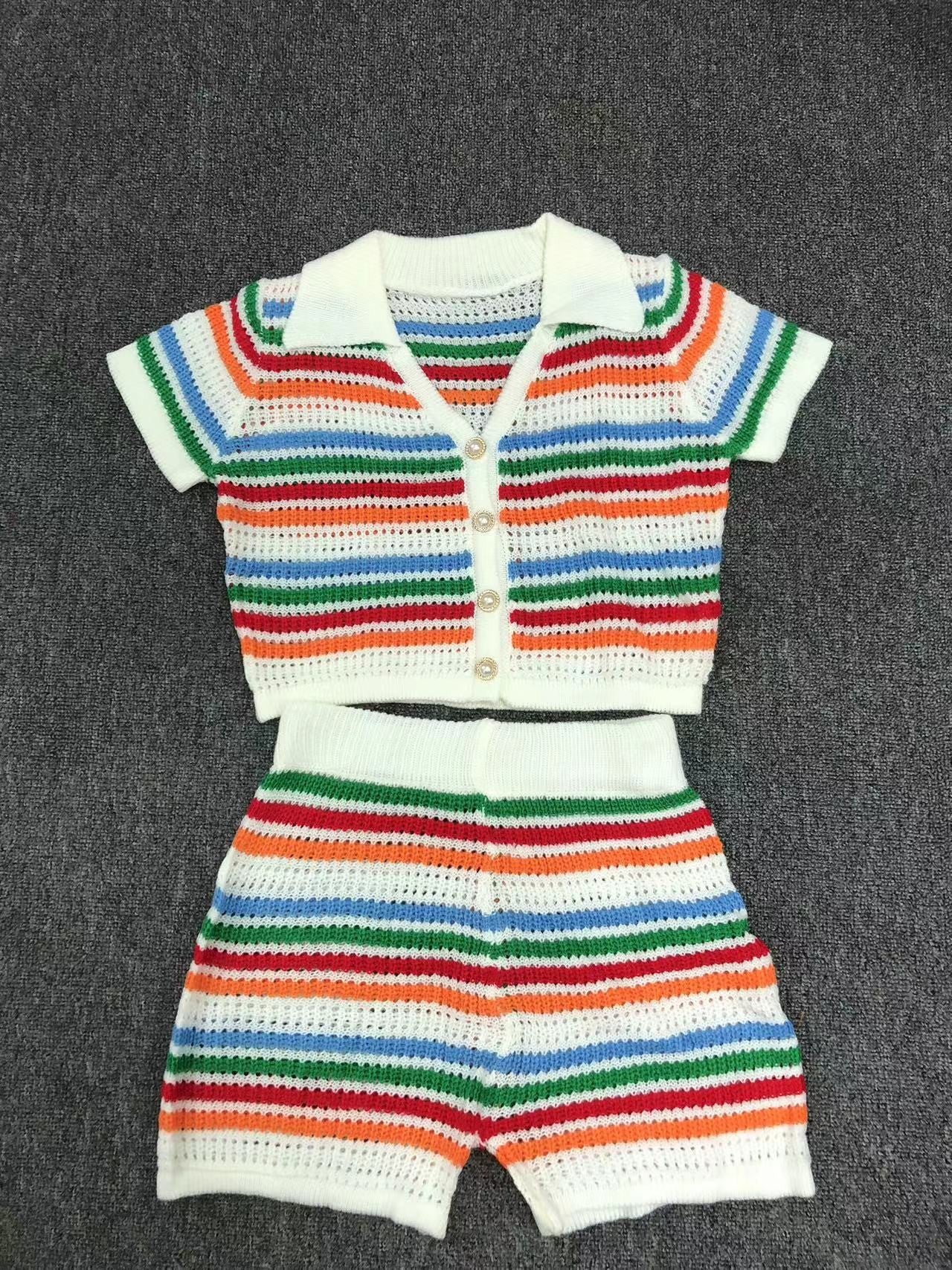 Women's Beach Sexy Knitted Contrast Color Sleeve Fashion Casual Suit