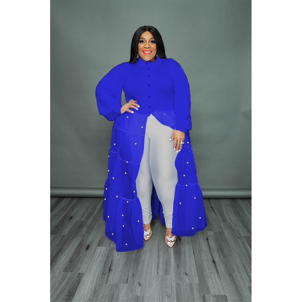 Women's Pearl Mesh Stitching Dress Featured Large Dresses