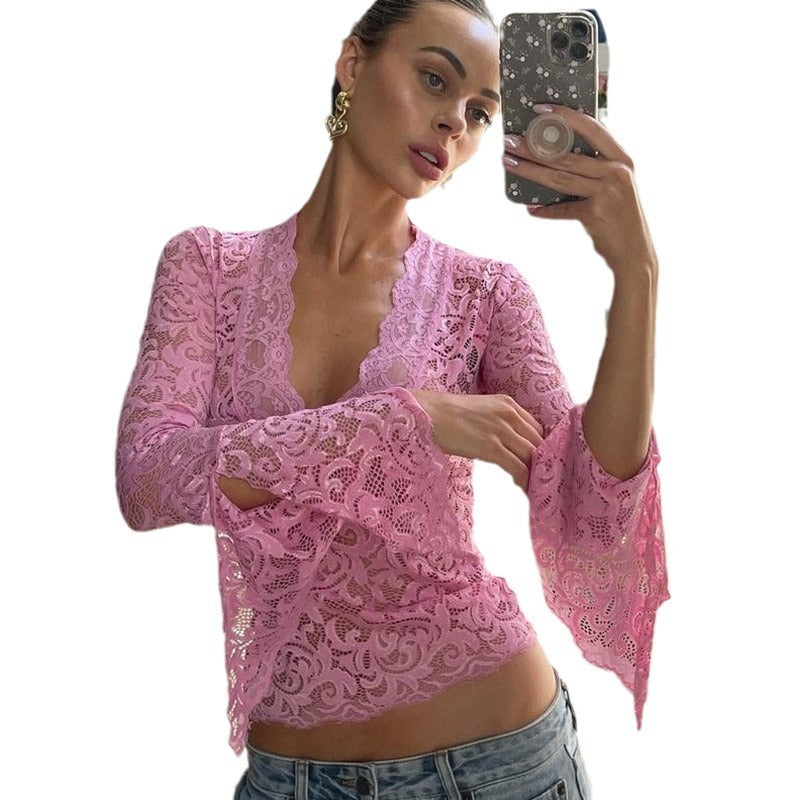 Sexy Deep V Cropped Lace Long-sleeved Blouses