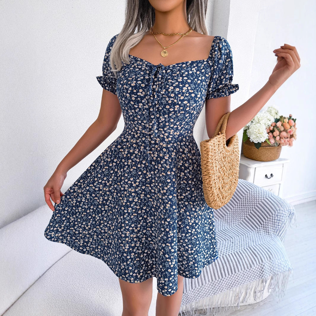 Women's Style Casual Bell Sleeve Drawstring Lace Floral Print Large Dress
