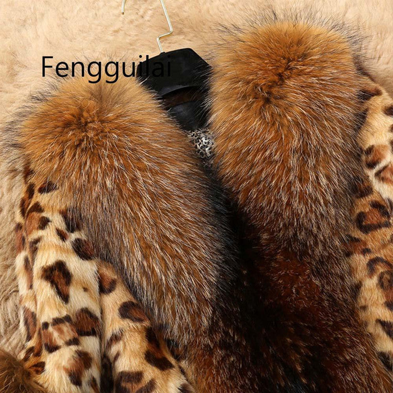 Women's Leopard Print Faux Raccoon Collar Artificial Coats