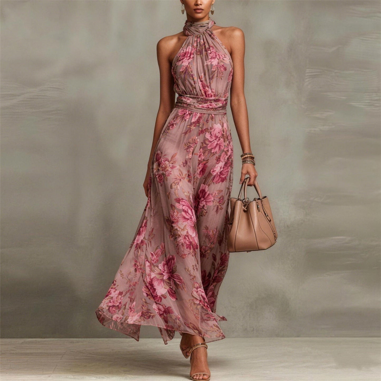Women's Chiffon Slimming Halter Sleeveless Vacation Style Dress