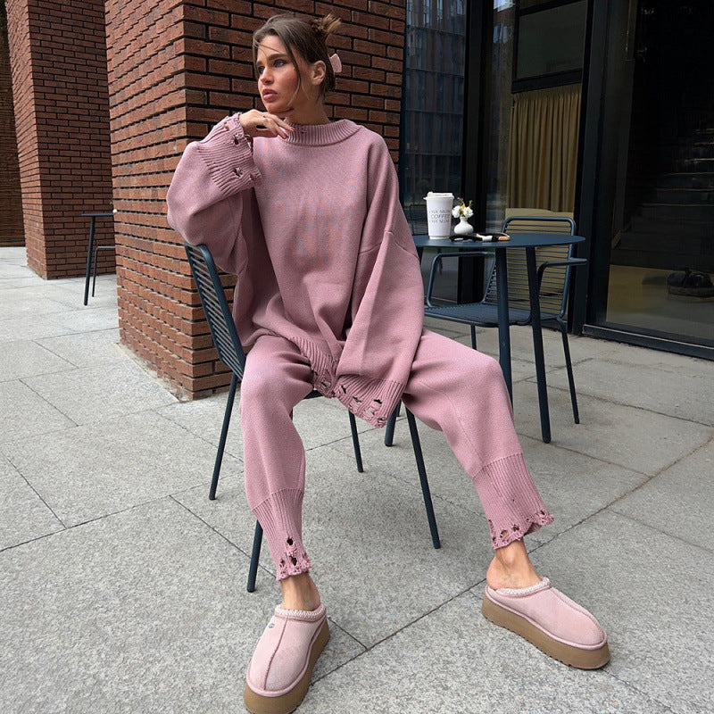 Ripped Female Style Knitted Ankle Tight Suits