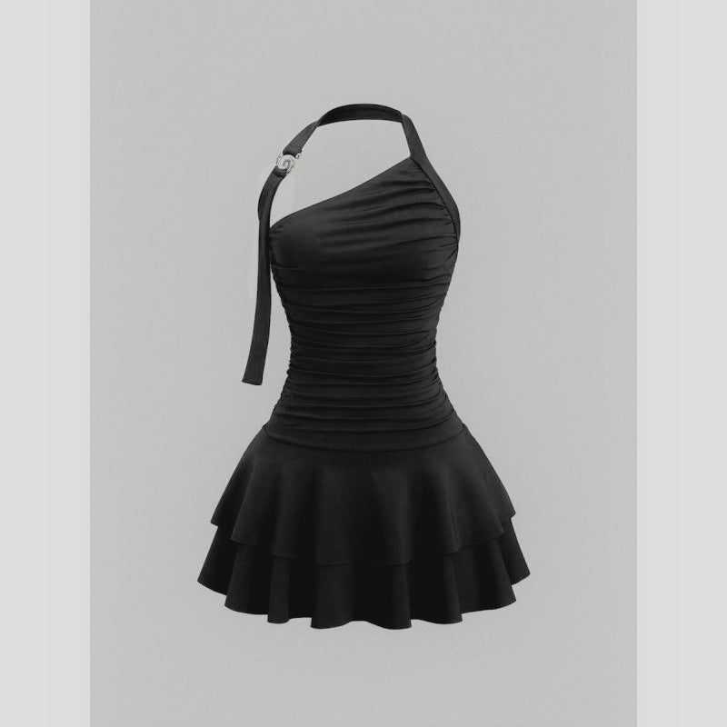 Solid Color Halter Slimming Cinched Waist Pleated Pure Want Sloping Dress