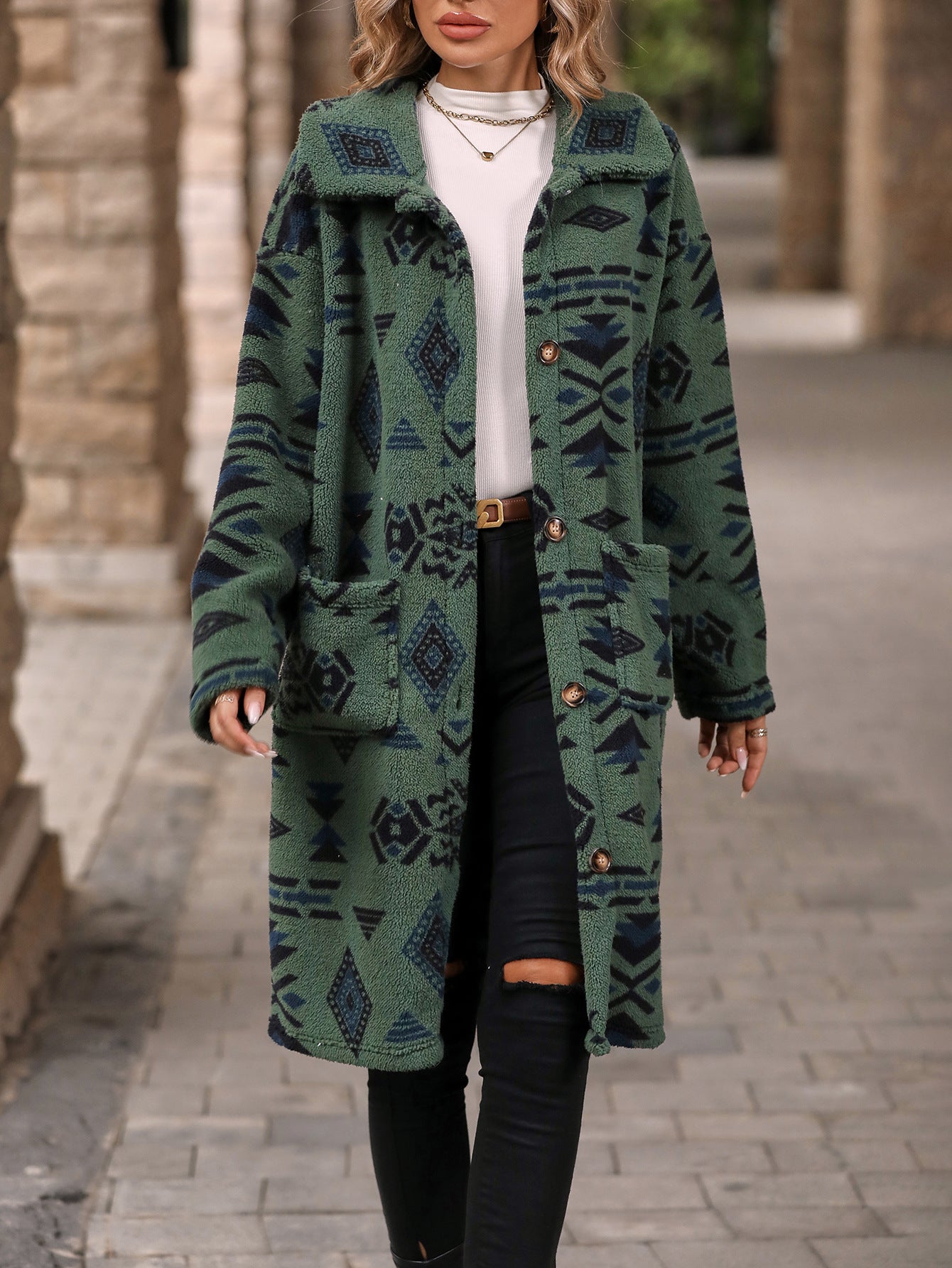 Women's Single-breasted Ethnic Print Plush Long Overcoat Coats