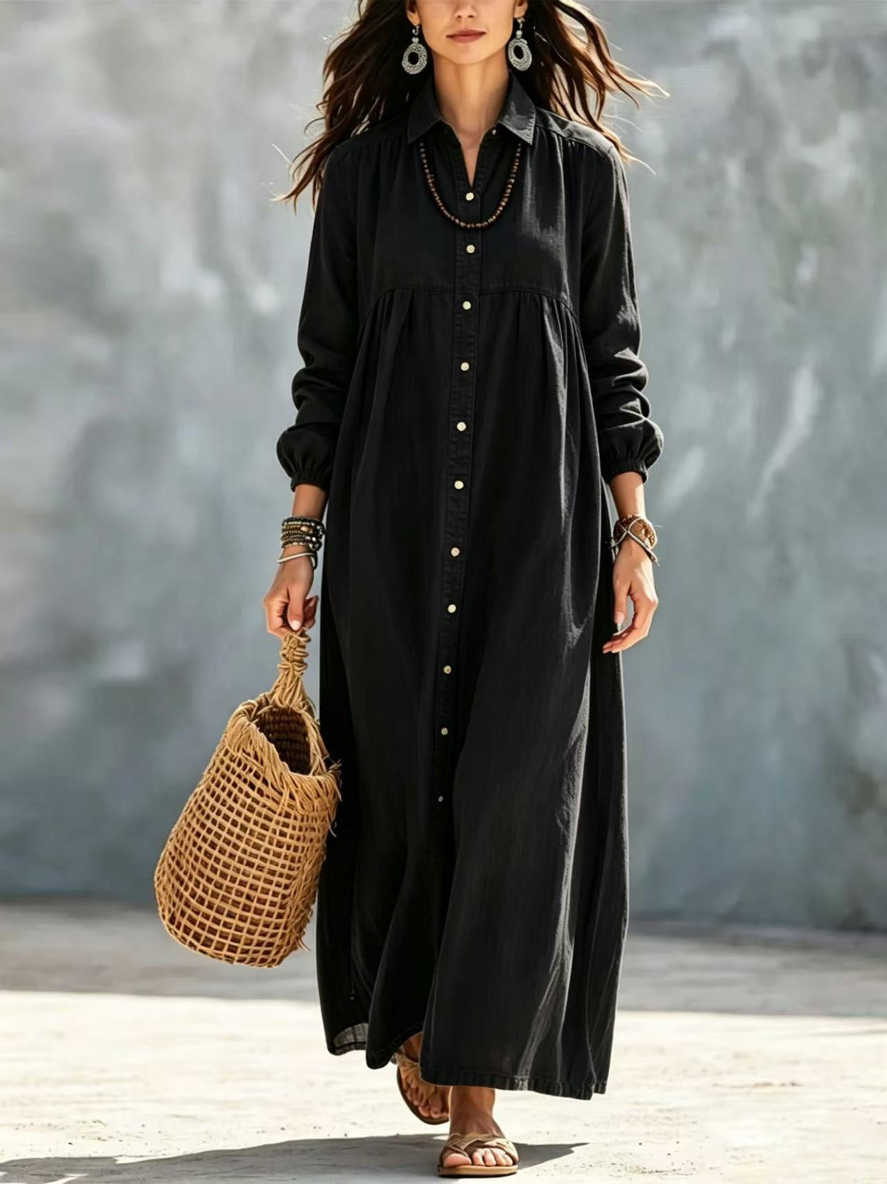 Women's Color Shirt Loose Button Lapel Casual Long Dress