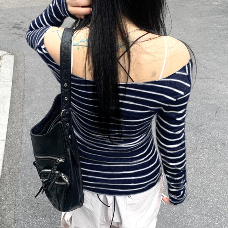 Women's Distressed Striped Long-sleeved T-shirt For Spring Blouses