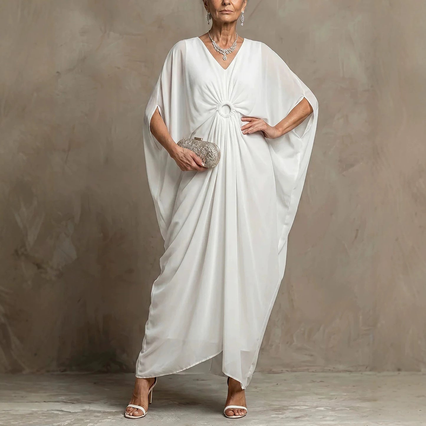 Women's Button Waist Slimming Batwing Sleeves Loose Dress