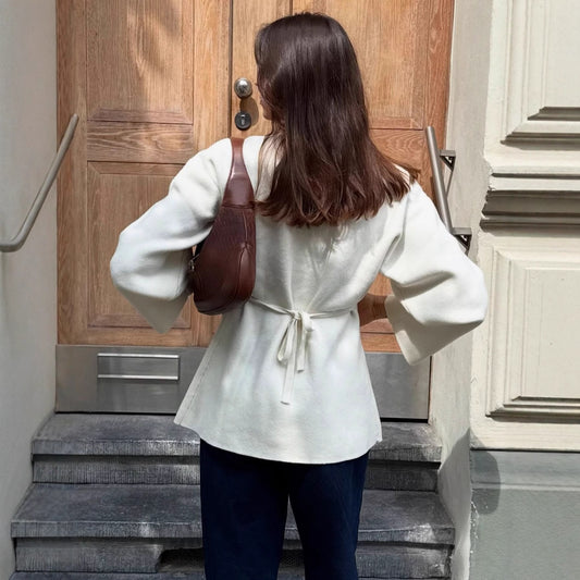 Sleeve Pullover White One Button Strap Sweaters